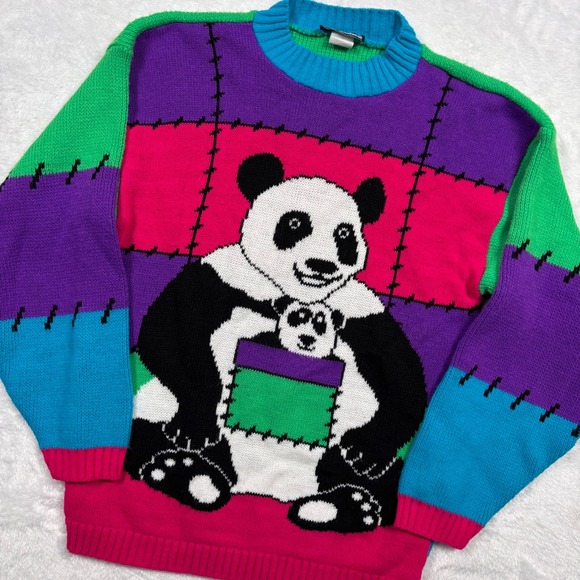 Honors Sweaters - VTG 80s 90s Honors Patchwork Panda Sweater Women XS Colorblock Kidcore USA RARE